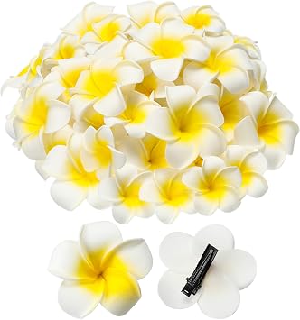Crowye 100 Pcs White Foam Hawaiian Plumeria Flower Clips Bulk 3 Sizes Artificial Frangipani Petals Cap Wreath Floral DIY Craft for Home Luau Party Decorations Beach Wedding Guests