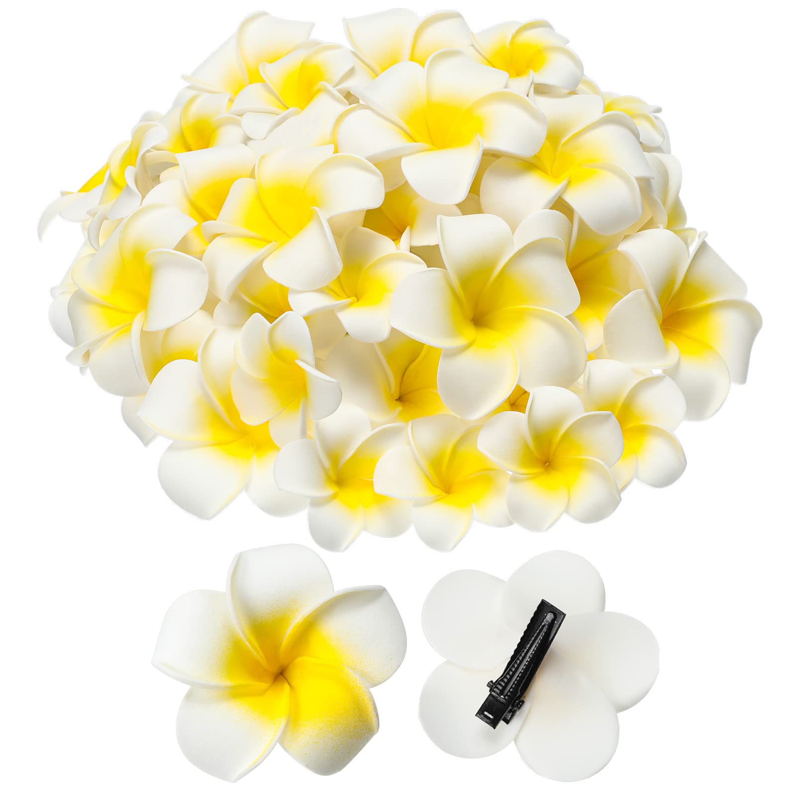 Crowye 100 Pcs Hawaiian Plumeria Flower Clips 1.6 Inch, 2 Inch, 2.4 Inch Artificial White Foam Floral Hat Clips Hawaii Frangipani Tropical Hair Accessories for Women Luau Beach Wedding Party