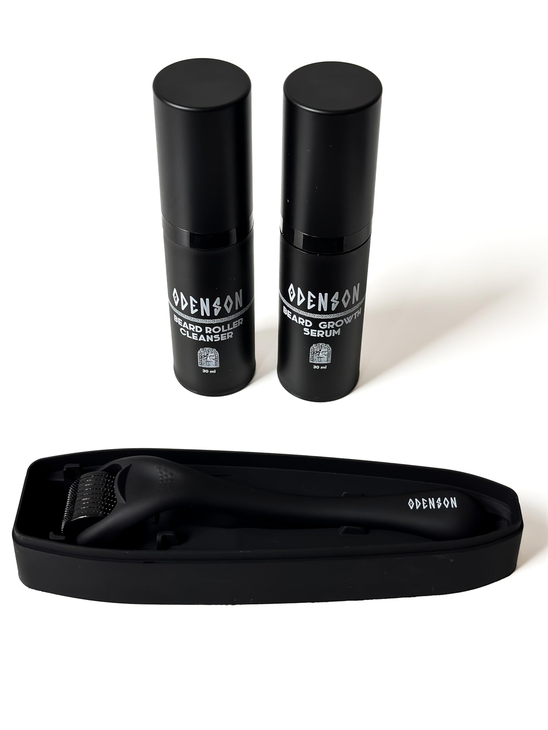 Odenson Zestaw na Porost Brody- Serum na Porost Brody dla Gęstszej i Grubszej Brody - Derma Roller do Wzrostu Włosów na Twarzy dla Mężczyzn - Spray do Czyszczenia Derma Rollera
