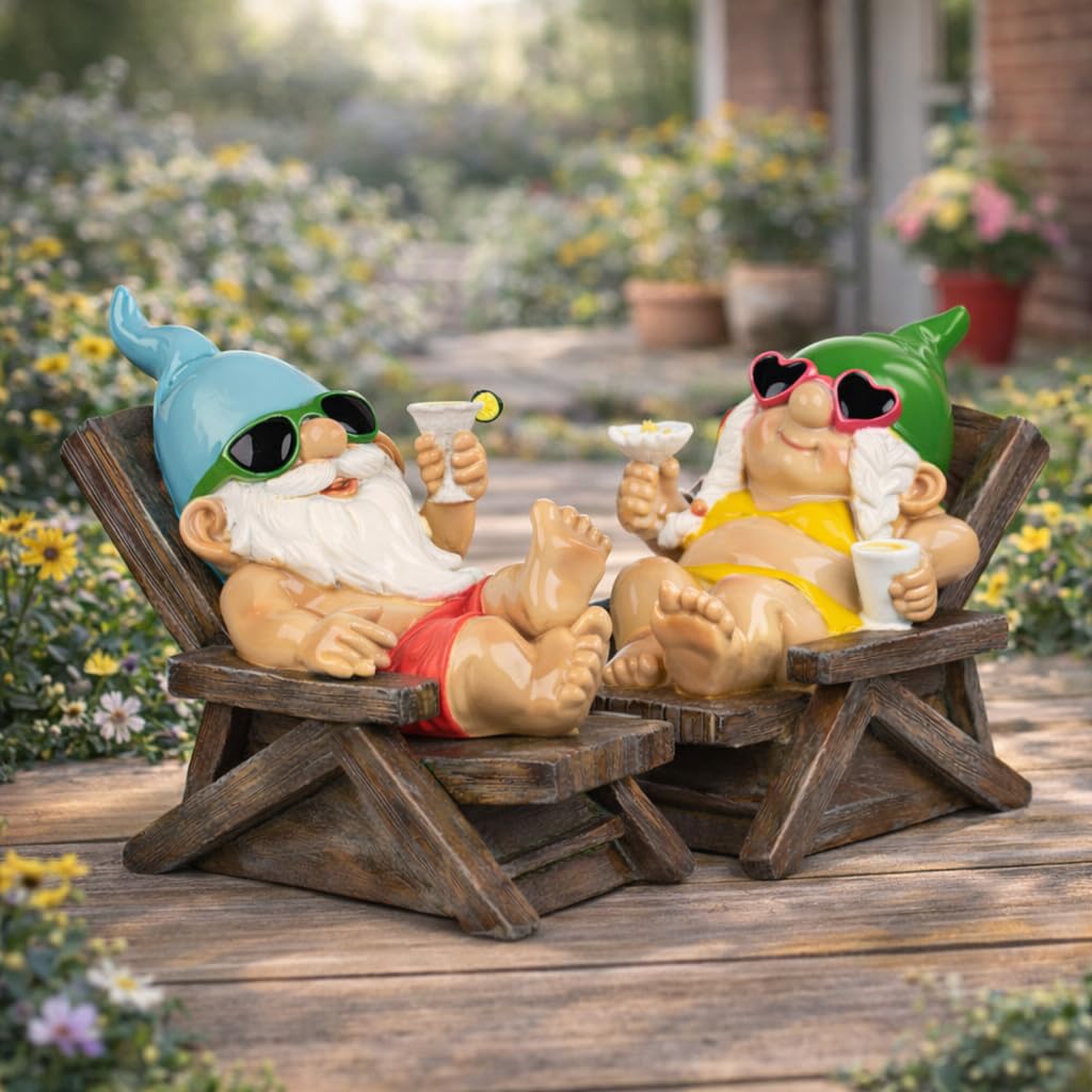 formano 2er Set Gartenzwerg Liegestuhl lustige Gartenzwerge 26cm aus Kunststein handbemalt Gartendeko Figuren mit glänzender Oberfläche für Garten Terrasse Balkon, humorvolle Outdoor Gartenfiguren