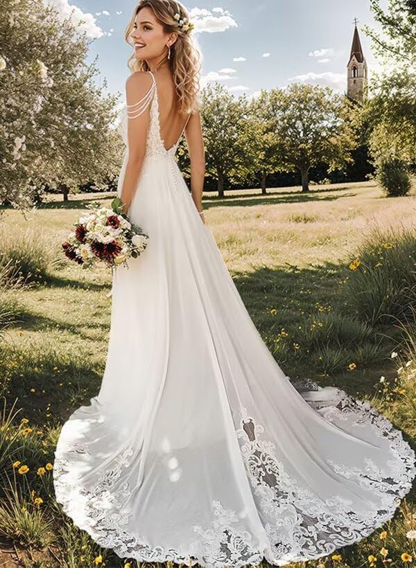 Floral Beach Wedding Dress for Women Bride A Line Simple Lace Appliques Princess Boho Bridal Dresses 20254
