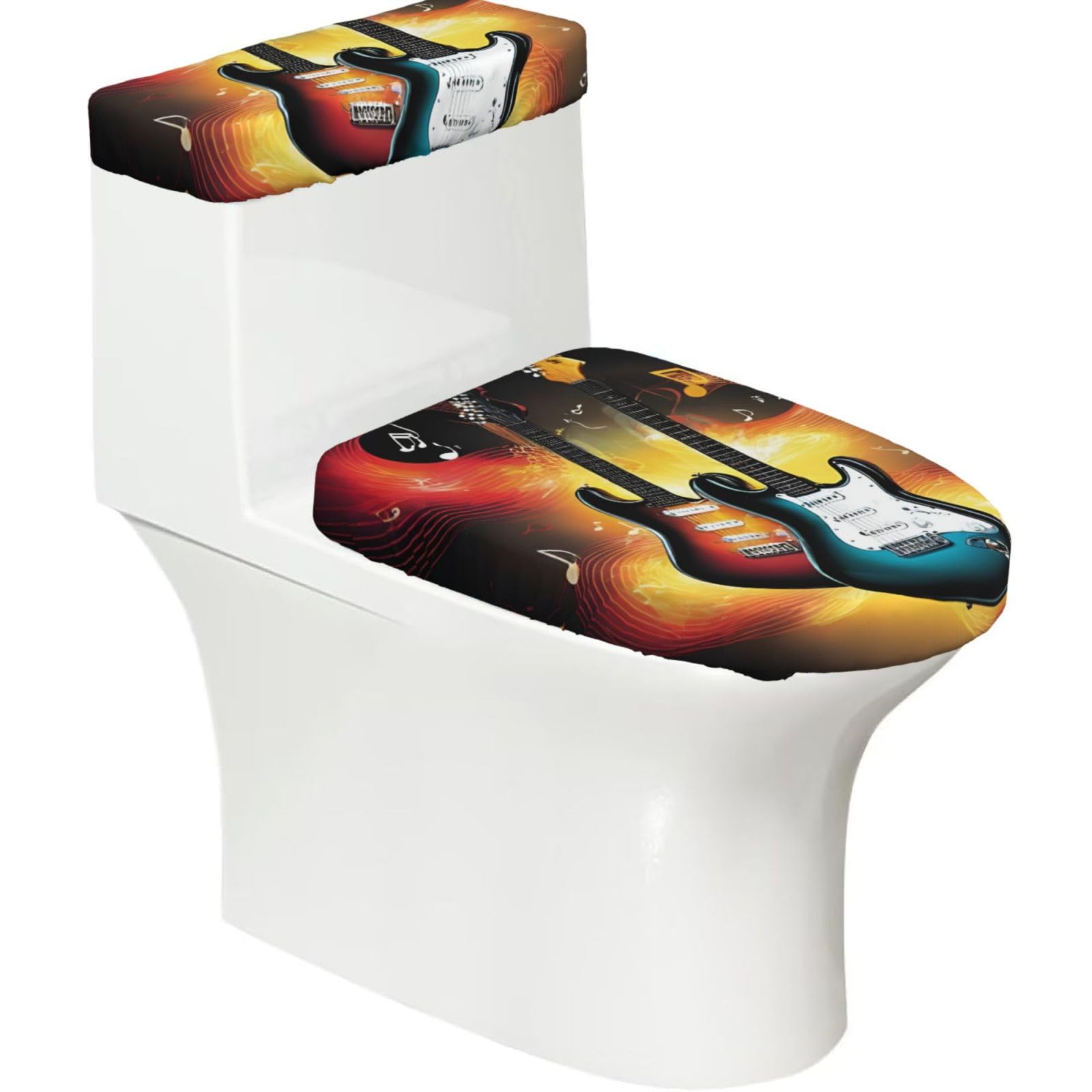 X Psblty Guitar Bass Music Musical Instruments Toilet Seat Cover Set 2 Piece Bathroom Decor Toilet Lid Cover With Tank Top Cover Stretch Fit Soft Fabric For Home 15-21 Inch