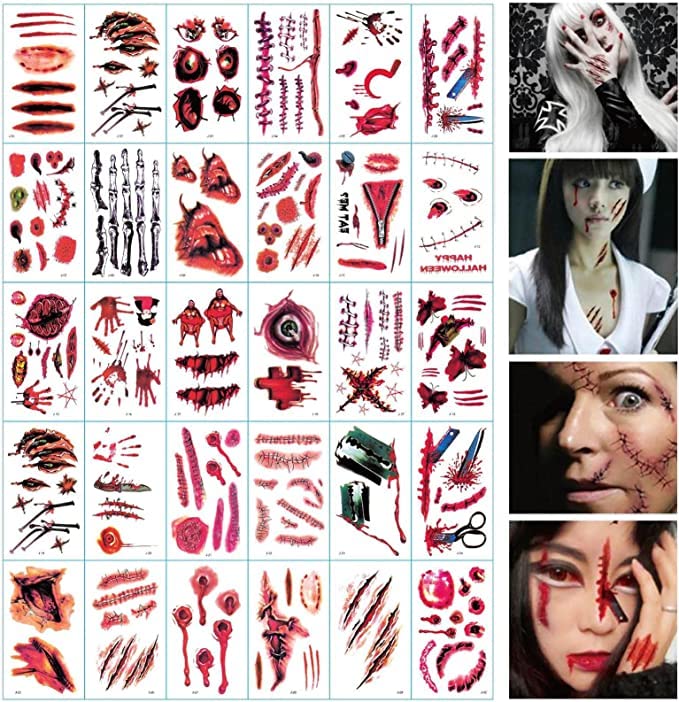 Halloween Scar Tattoos Temporary Wound Stickers, Woowin 30 Sheets Fake Bloody Wound Scar Realistic Temporary Tattoo Sticker for Halloween Costume Zombie Party Supplies Cosplay Props, 30.0 Count
