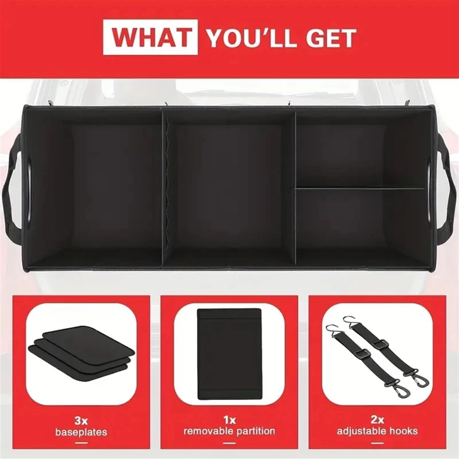 Organizador de Maletero Grande Universal for Coche, Bolsa de Almacenamiento de Maletero Plegable con múltiples Compartimentos y 2 Correas retráctiles