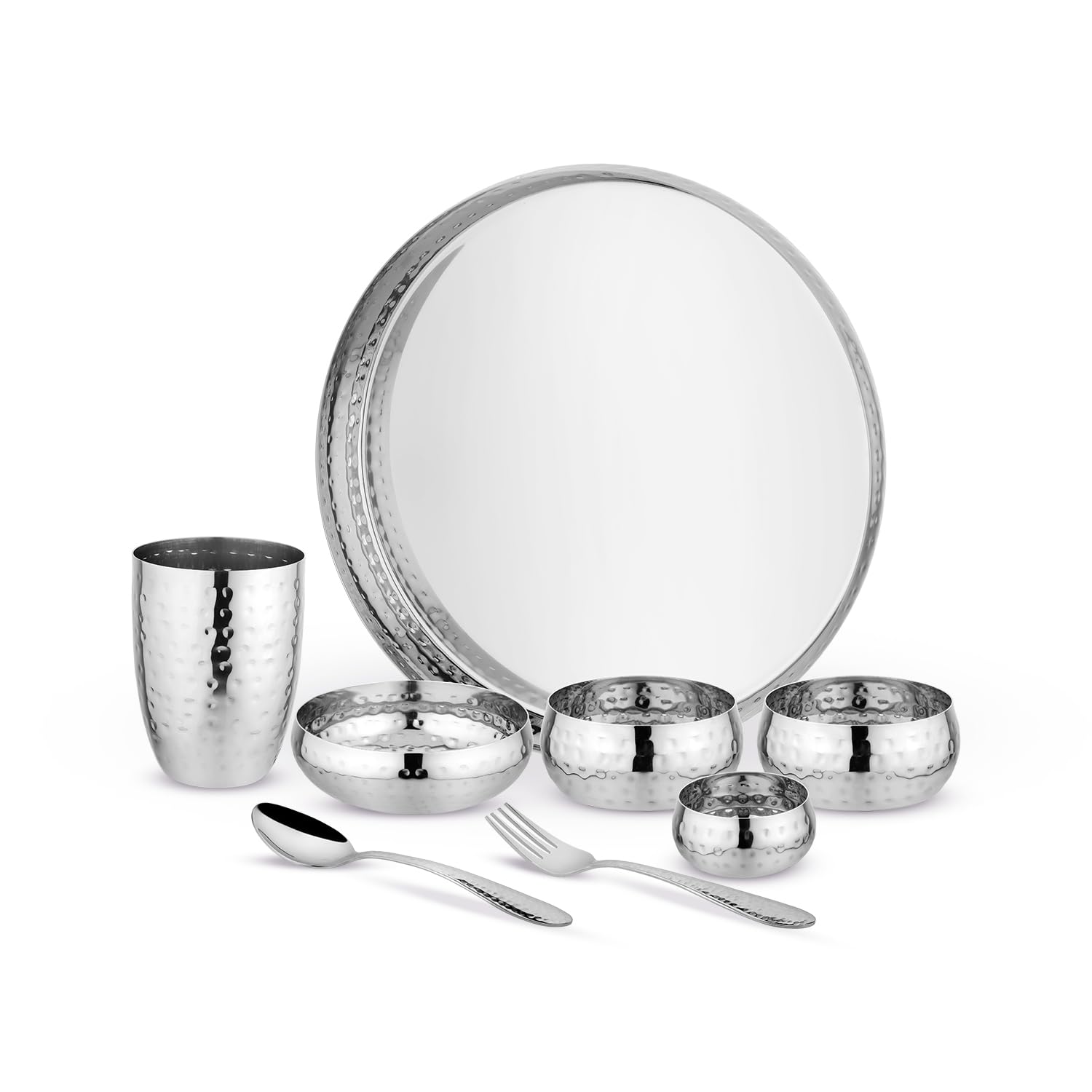 Wooden Serving Bowl with Gold Salad Servers, Large | Or | Rajwada Stainless Steel Hammered Thali Set 8 Pcs Set (Silver Hammered) 1