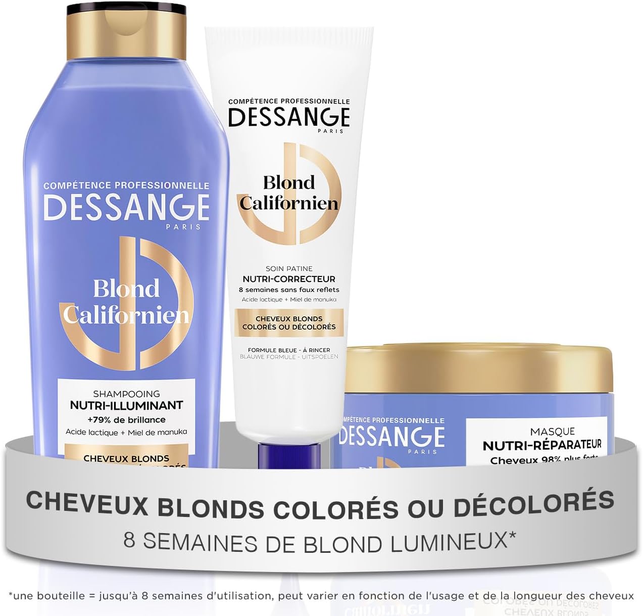 DESSANGE – Routine Cheveux Nutri-Correcteur Blond Californien – Shampoing 280 ml + Masque 280 ml + Soin Patine Bleue 140 ml – Nourrit & Illumine le Blond – Cheveux blonds, colorés ou décolorés