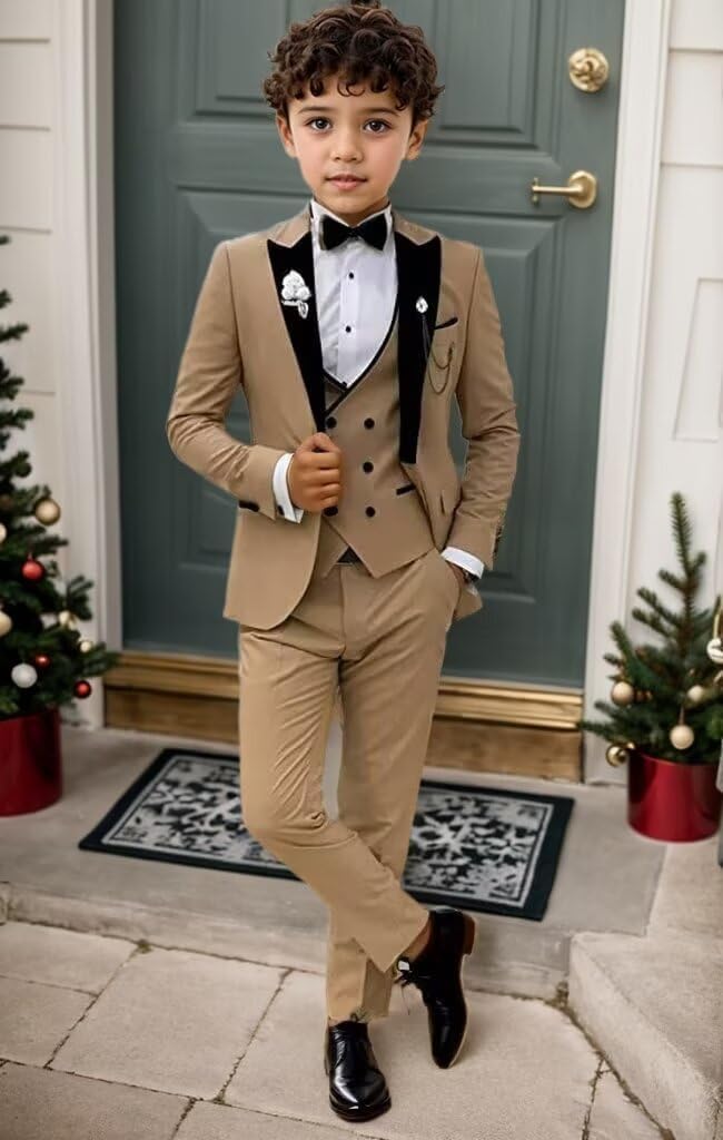 Boy Suit 3 Piece Kids Formal Tuxedo Suits Peak Lapel Wedding Prom Dress Clothes Jacket Vest Pants