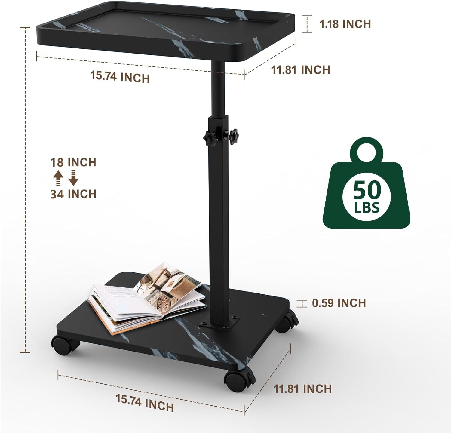 Comeon Sofa Bed Side Table, Adjustable Height Couch Side Table TV Tray Table Small Coffee Table for Bedroom Living Room (Black and Gold Grain up and Down Version,Square)