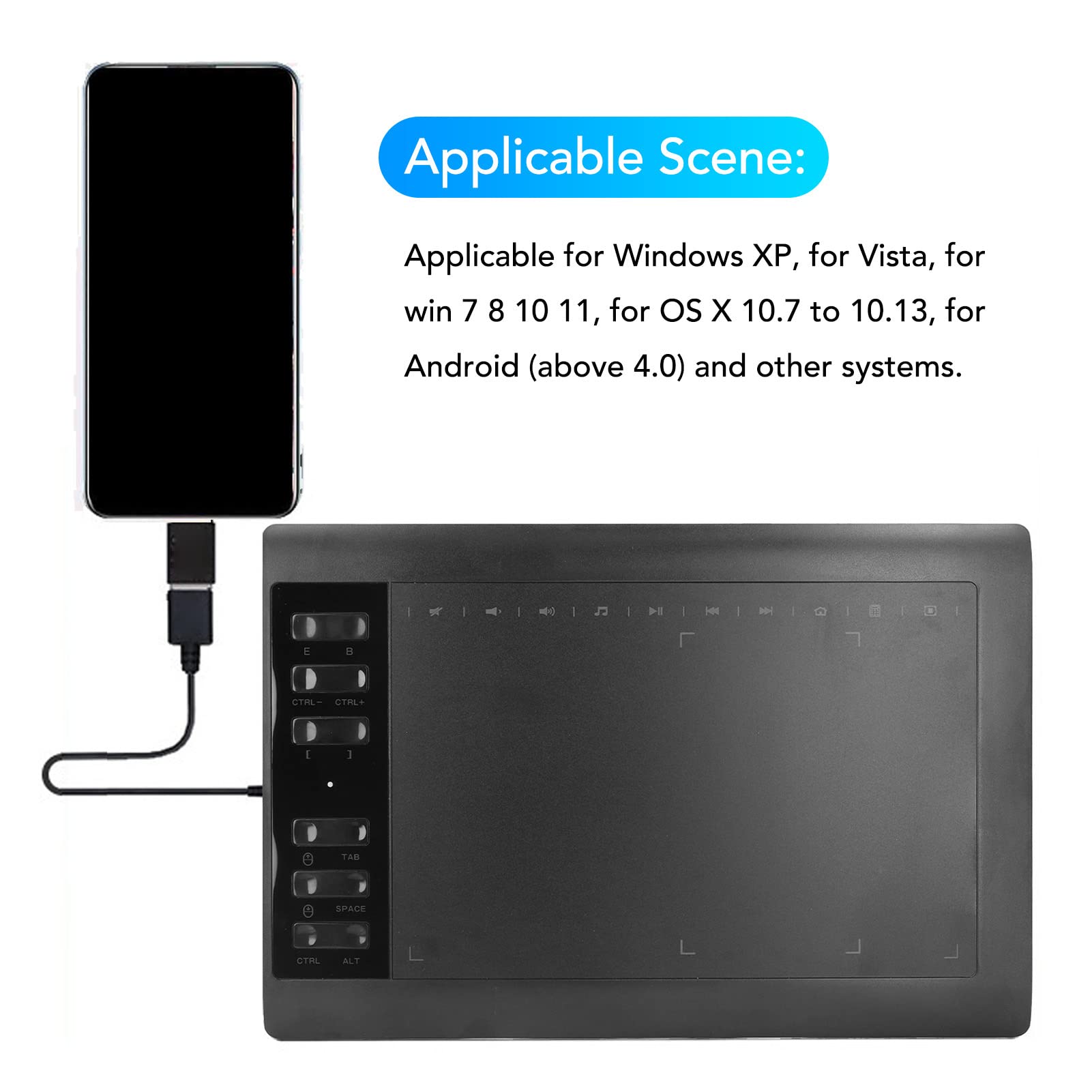 Tableta Gráfica de Dibujo, 10x6 Pulgadas, 12 Teclas de Acceso Directo Físico, Tableta Gráfica de Interfaz USB de 8192 Niveles para Pintura, Diseño, Boceto de Creación de Arte(Negro)