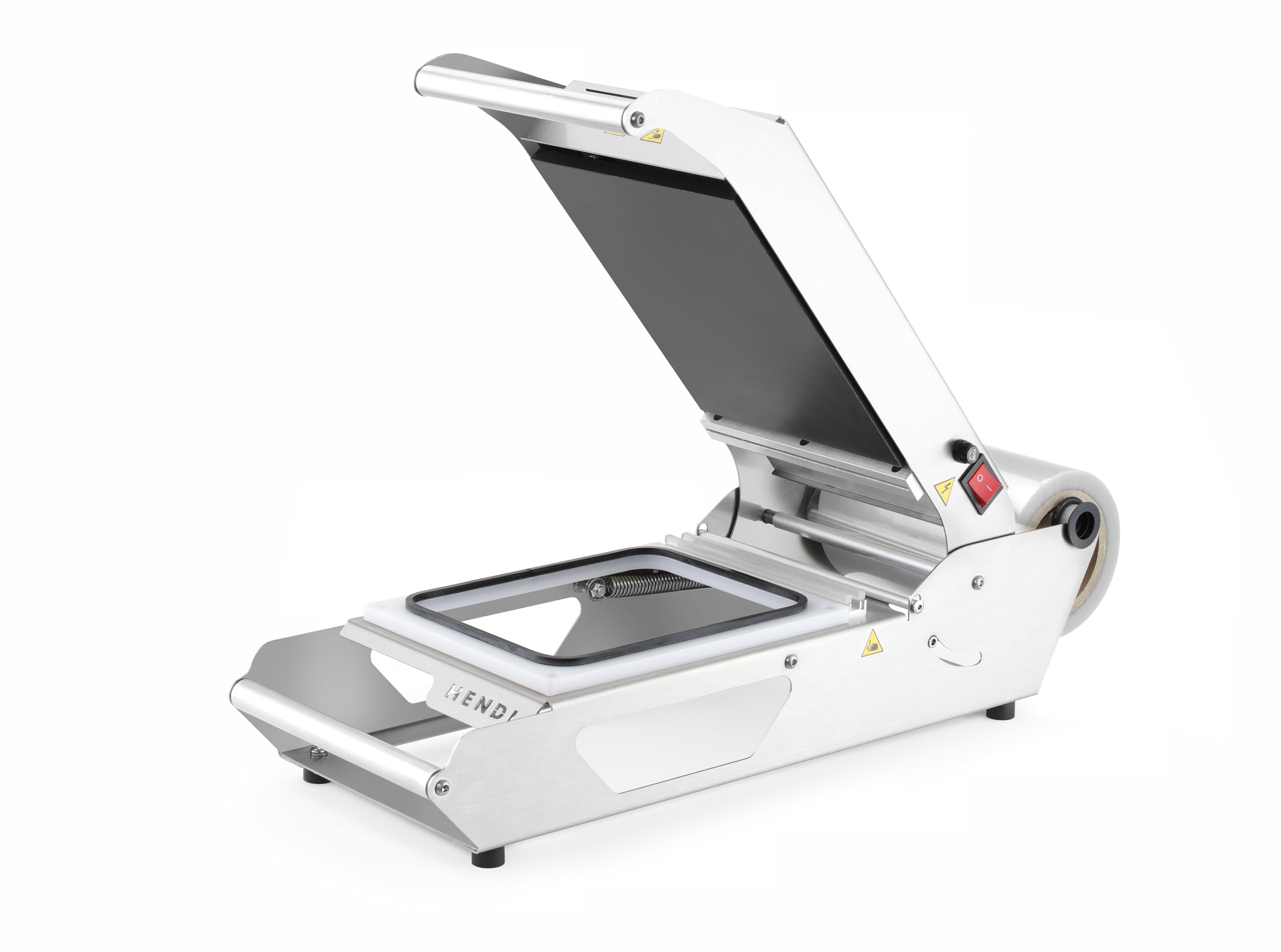 HENDI Termosigillatrice di vaschette, termosaldatrice di vassoi, sigillatore vassoio compatto, universale, incl. 1 matrice in PE per contenitori alimentari 227x178mm, 230V, 700W, acciaio inox