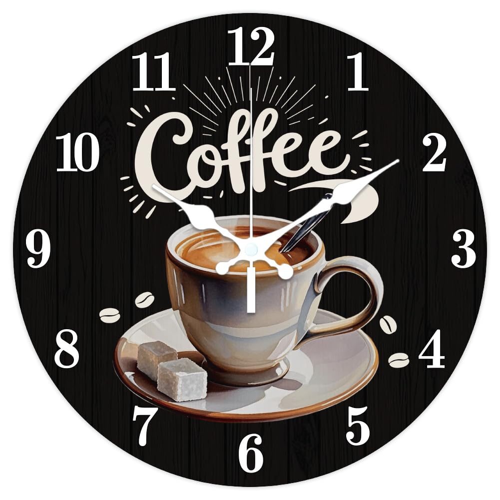 Horloge murale de cuisine au motif café CHGCRAFT, pendule ronde 30,5 cm pour salon et bureau calme