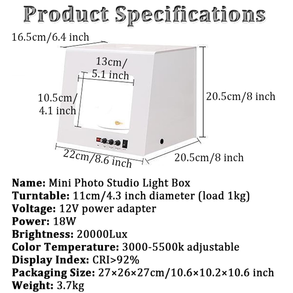 Caja de luz portátil para estudio fotográfico de 22 cm con luz ajustable de 3000 a 5500 K, carpa de luz profesional para fotografía de productos, soporte para colgar o colocar joyas