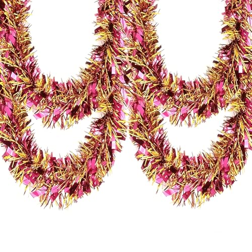 33 Ft Christmas Tinsel Garland Decorations Shiny Thick Rose&Gold Tinsel Xmas Tree Decor Metallic Twist Foil Garland for Home Wall Birthday Party Indoor Outdoor Decor Supplies - Rose+Gold