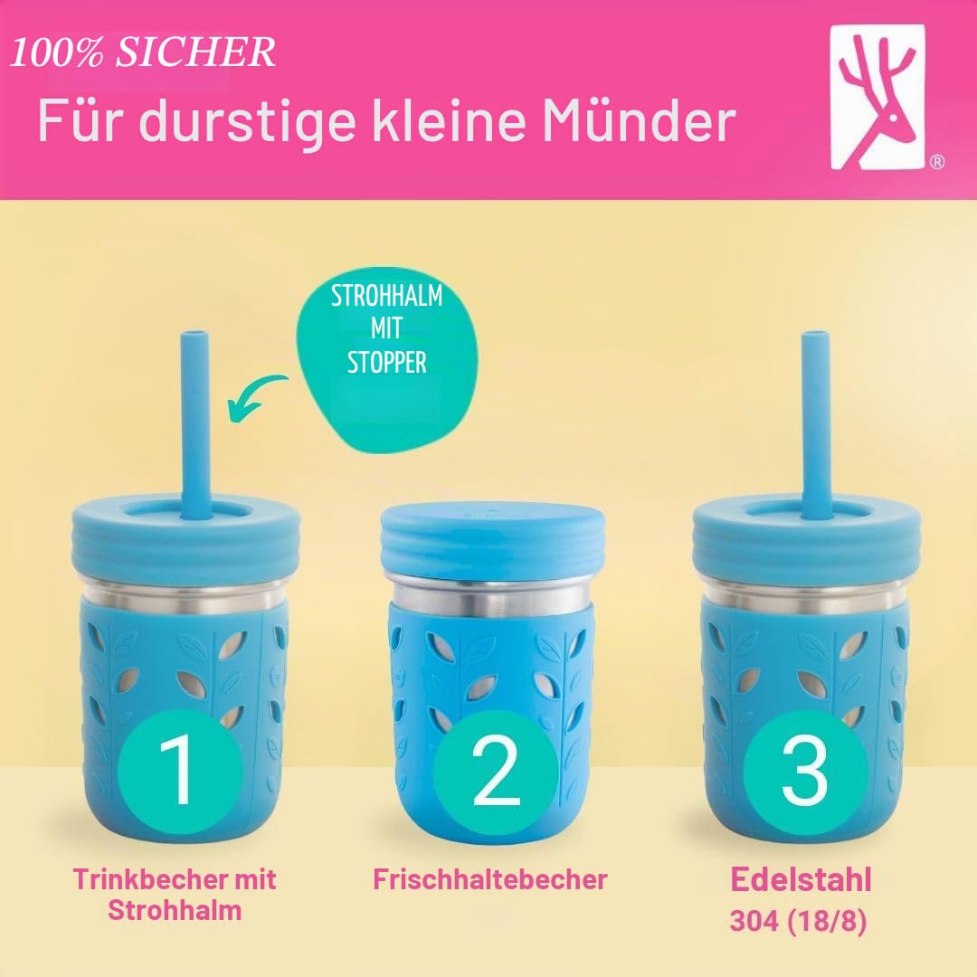 Elk and Friends 295ml Edelstahl Kinder Trinkbecher | Mason Jar mit Silikonhülle & Deckel | Silikon Strohhalm | Smoothie Becher | Auslaufsicher | Spülmaschinengeeignet | 4er Set