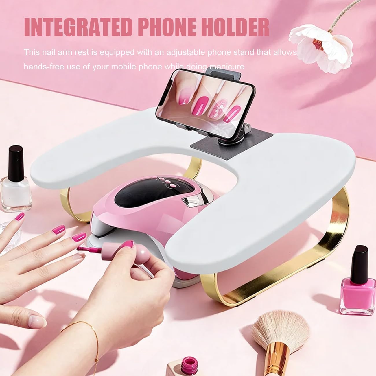 Arm Rest for Nails Tech U-Shaped Hand Pillow with Rotating Adjustable Phone Holder Soft Comfortable Hands Cushion Manicure Tool for Home and Art Nail Salon