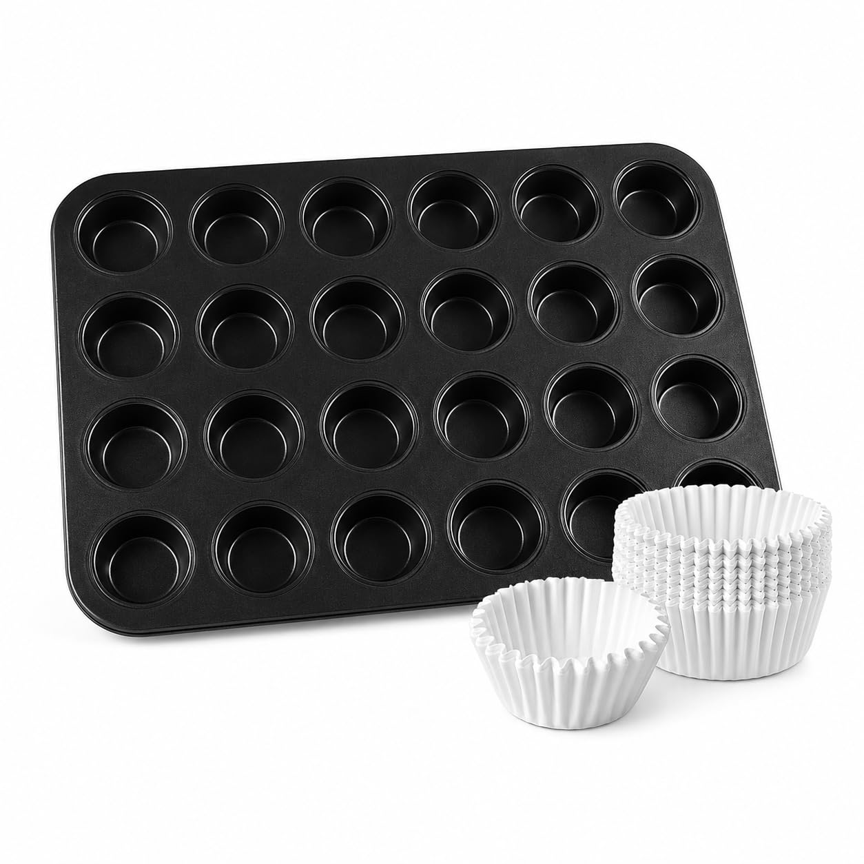 Mini Molde Para Muffins De 24 Tazas Mini Bandeja Para Hornear Antiadherente De Acero Al Carbono Para Magdalenas Con Paquete De 500 Revestimientos Blancos Para Magdalenas Desechables