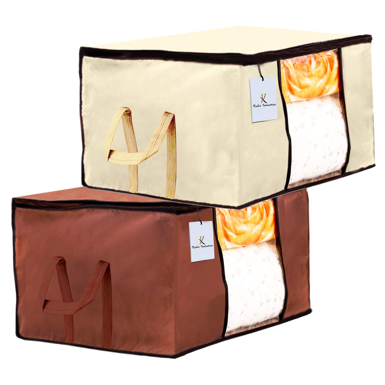 kuber industries underbed storage bag, storage organiser, blanket cover set of 2 - ivory,dark brown extra large size-ctktc23834,standard