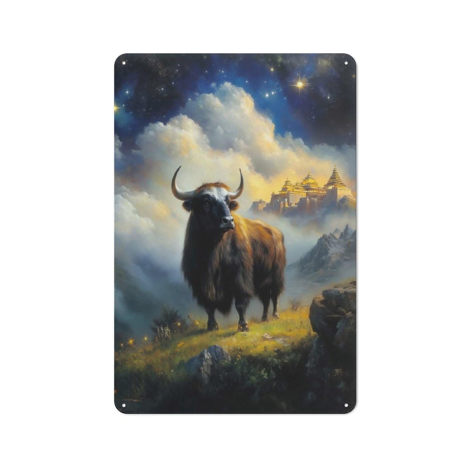 Junmoney Style-11 Yak In Mountainous Landscape With Temple Warehouse Style Metal Wall Decor 30X20cm, Tin Wall Sign For Modern Home, Workshop, Office Or Cafe