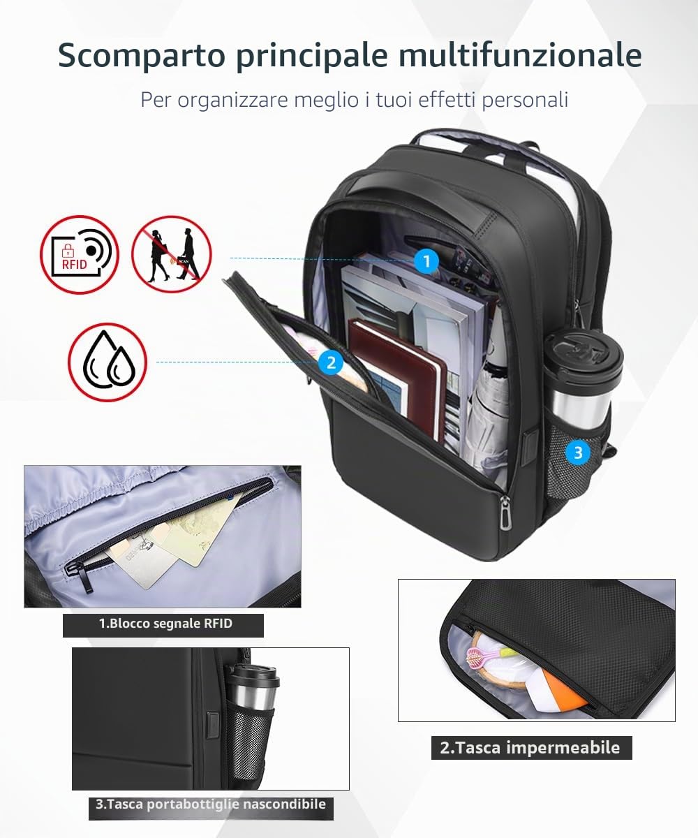 Zaino da lavoro per uomo Zaino sottile espandibile per laptop da 15,6 pollici con porta USB per caricabatterie