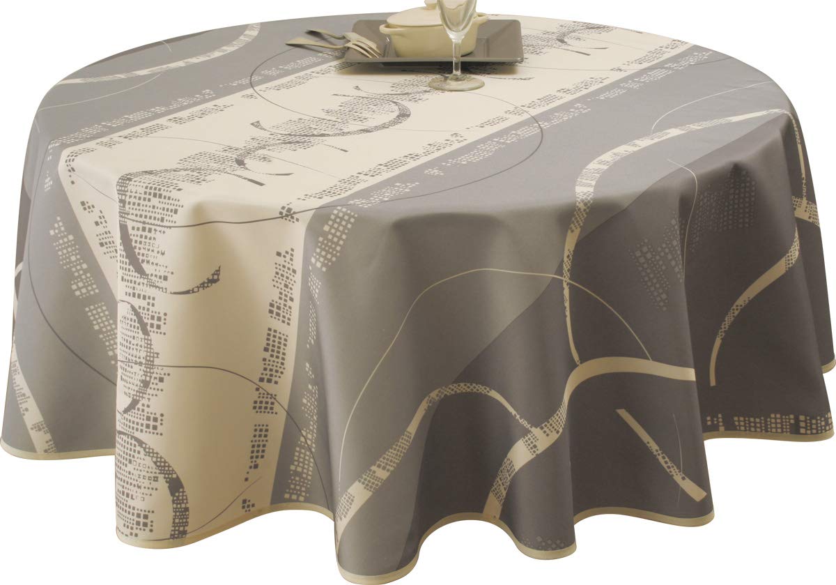 Le Linge De Jules Schmutzabweisende Tischdecke – Rund, 160 Cm Durchmesser, Grau/Weiß, 100% Polyester