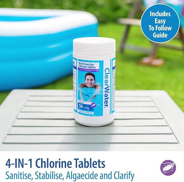 Clearwater 1 kg Multifunction Chlorine Tablets, 4-in-1 Dispenser Tablets (Sanitiser, Stabiliser, Algaecide and Clarifier) for Pools and Hot Tubs, 50 x 20 g, White - 4