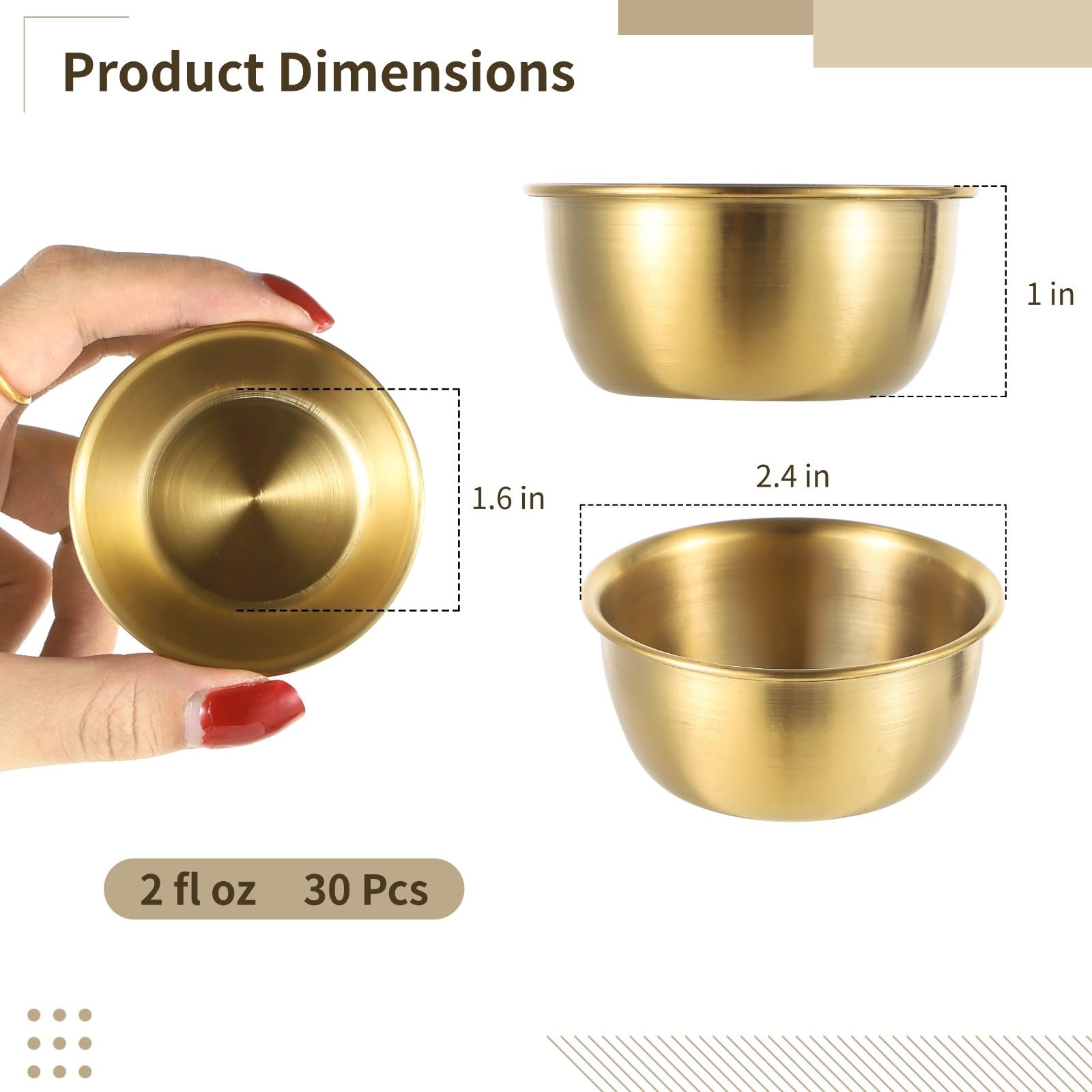 Juego de 12 cuencos de acero inoxidable con borde dorado, elegantes tazas para servir aperitivos
