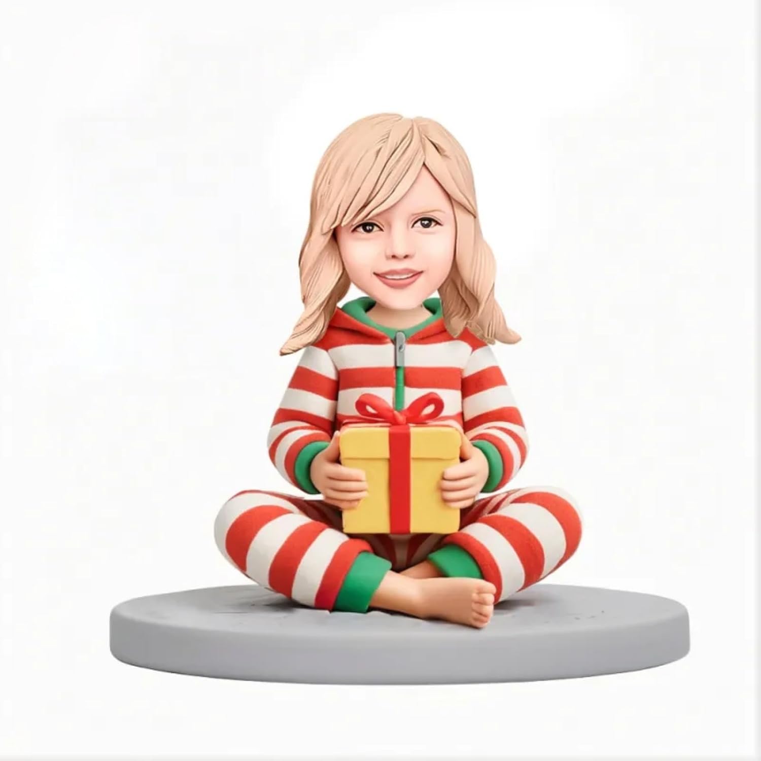 Custom Child Bobblehead Customized Based on Photo in Striped Pajamas Holding Gift Box with Engraved Text, Handmade Personalized Figurine