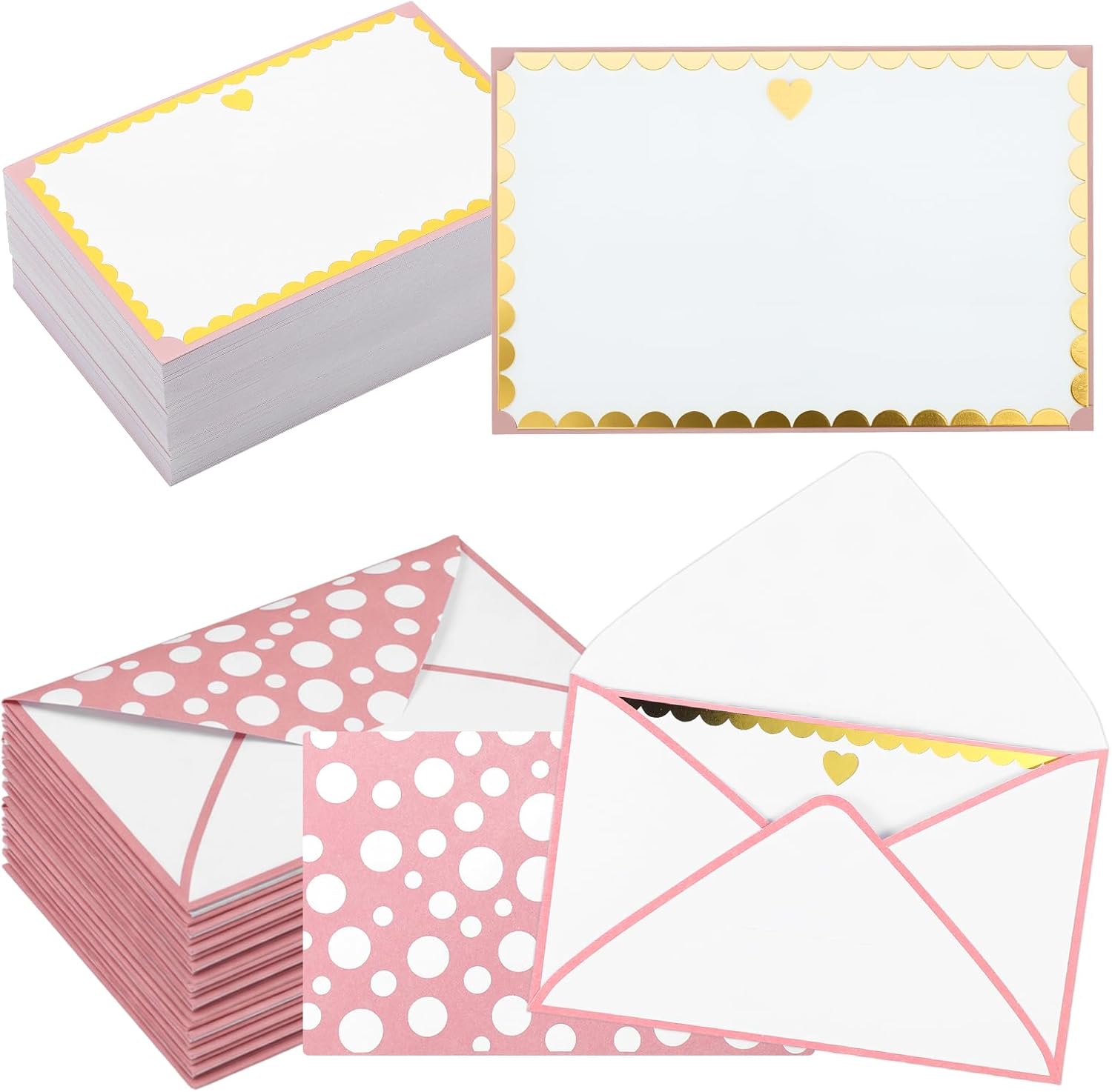Eaasty 100 Sets Blank Note Cards with Envelopes Gold Heart Personalized Note Cards Pink Stationery Set Flat Blank Notes for Baby Shower Wedding Graduation Birthday Party Supplies, 5.6" x 3.5 "