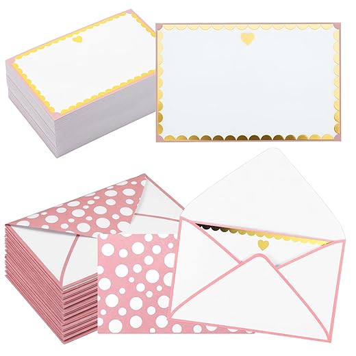 Eaasty 100 Sets Blank Note Cards with Envelopes Gold Heart Personalized Note Cards Pink Stationery Set Flat Blank Notes for Baby Shower Wedding Graduation Birthday Party Supplies, 5.6" x 3.5 "