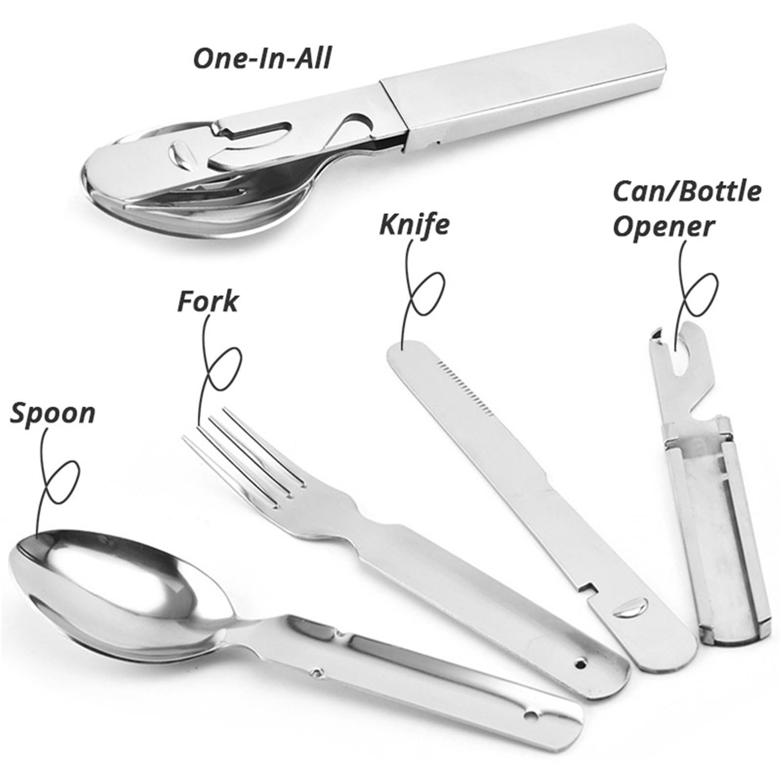 Juego de cuchillo, tenedor y cuchara Cuchara, tenedor, cuchillo y abrelatas/botellas portátiles de acero inoxidable 4 en 1 for acampar, utensilios de camping, multiherramienta de viaje