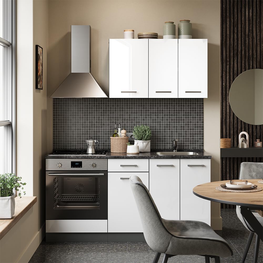 Vicco Singleküche R-Line, Weiß Hochglanz/Anthrazit, 160 cm | mit Herdumbauschrank und Spüle mit AP, zur Integration von Elektrogeräten und Spüle vorbereitet