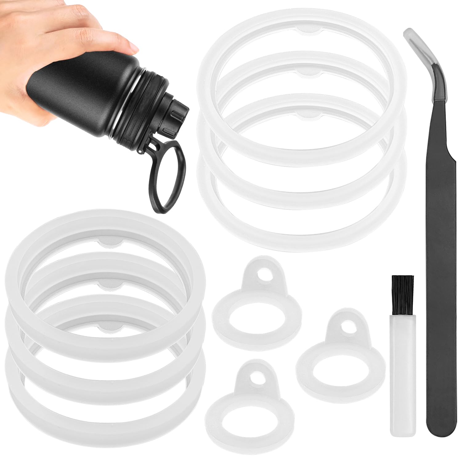 AYWFEY 11 Pcs Silicone Water Bottle Gasket Replacement Compatible with Thermoflask Bottle 24oz, 32oz, 40oz & 64oz+Cleaning Brush+Tweezers, Lid Sealing O Rings for Water Bottle Straw Lid & Spout