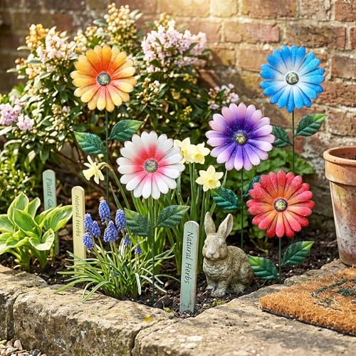 Image of 5Pack Metal Flowers for Outside，16.5 Inch Metal Flowers Decorative Garden Stakes for Spring Decor, Shaking Head Yard Art Garden Decorations for Outdoor Lawn Porch Pathway