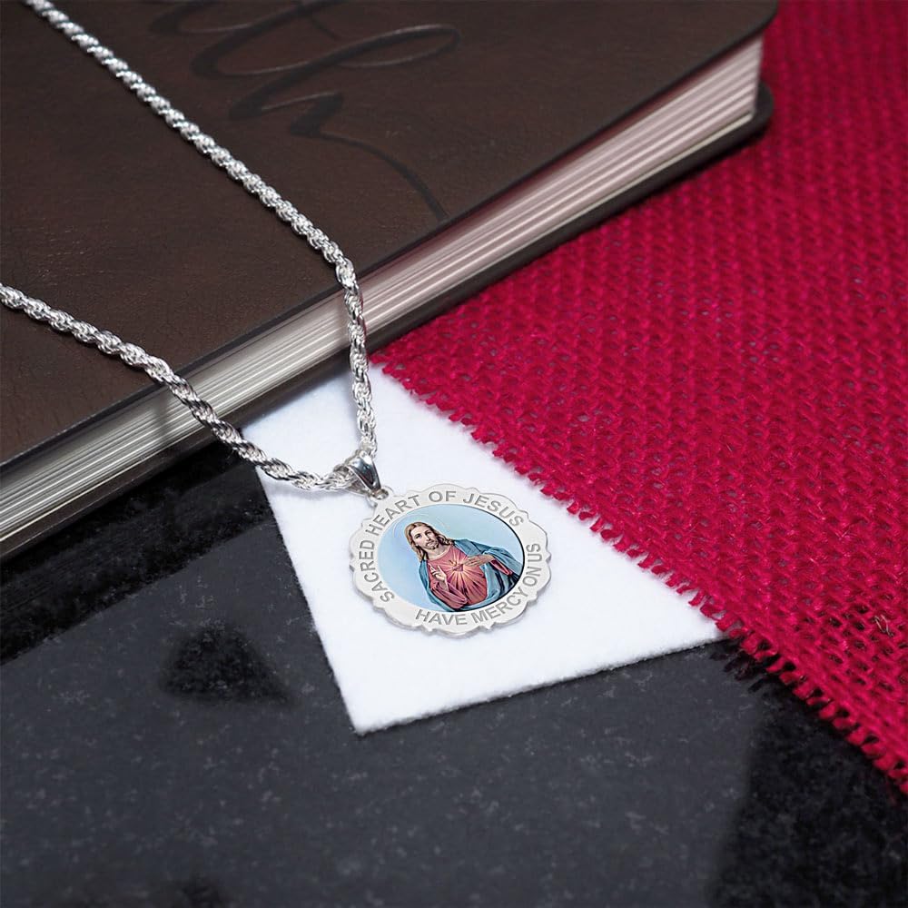 PicturesOnGold.com Sacred Heart of Jesus Scalloped Religious Medal Color - 1 Inch Size of a Quarter -Solid 14K Yellow Gold WITH ENGRAVING - Image 4