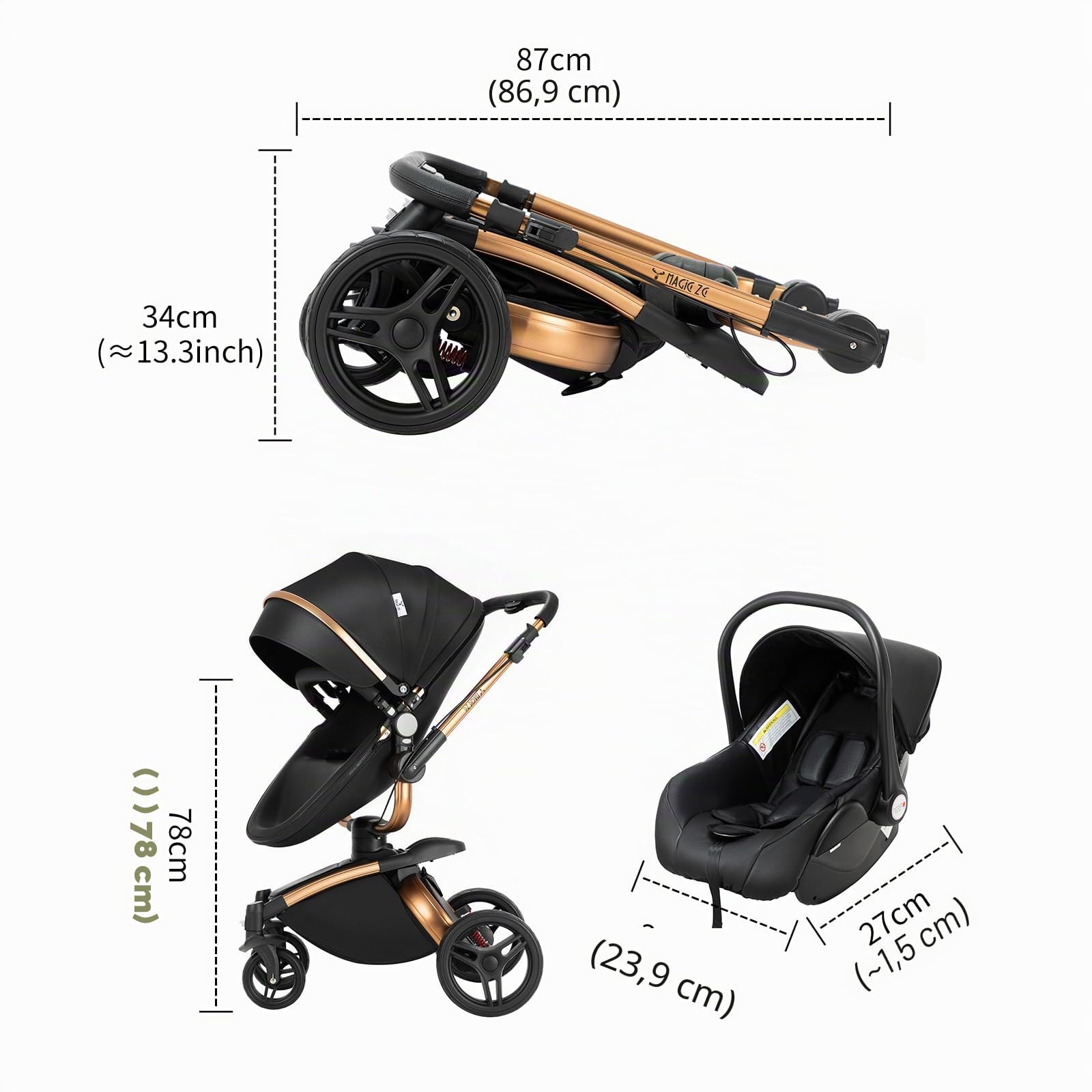 Magic ZC 360° Girevole Pelle PU Passeggino Trio 3 in 1 Reversibile a Due Vie per Neonati con Accessori (906 Black)