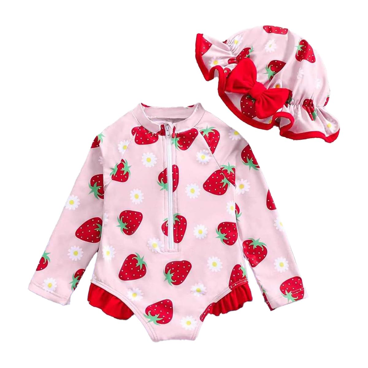 JENJON Traje de Baño a Rayas para Bebé Niña con Volantes Mangas Lindo Floral Traje de Baño de Una Pieza con Cremallera Protección UV y Gorro de Playa Verano — view 10