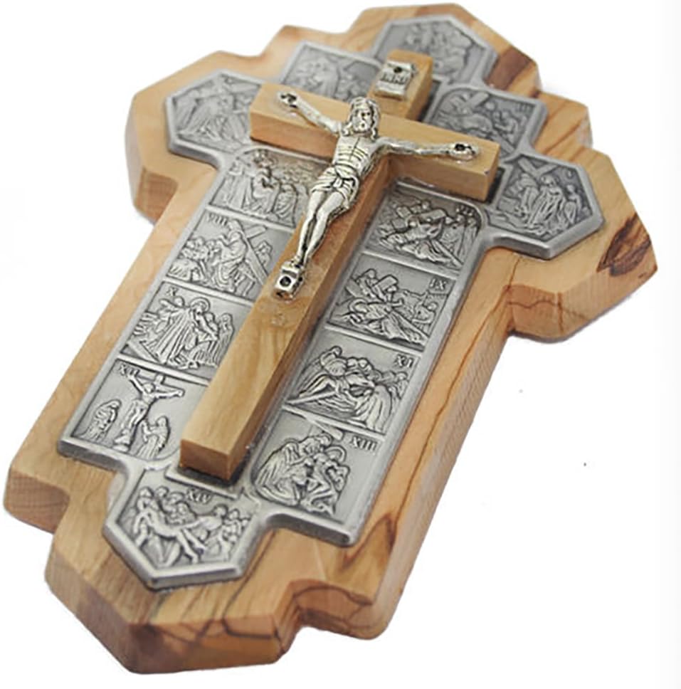 Blue White Shop Olive Wood Cross with Crucifix Made in Bethlehem with 14 Stations of Jesus on The Way to The Cross, in Jerusalem, Holy Land, Via Dolorosa