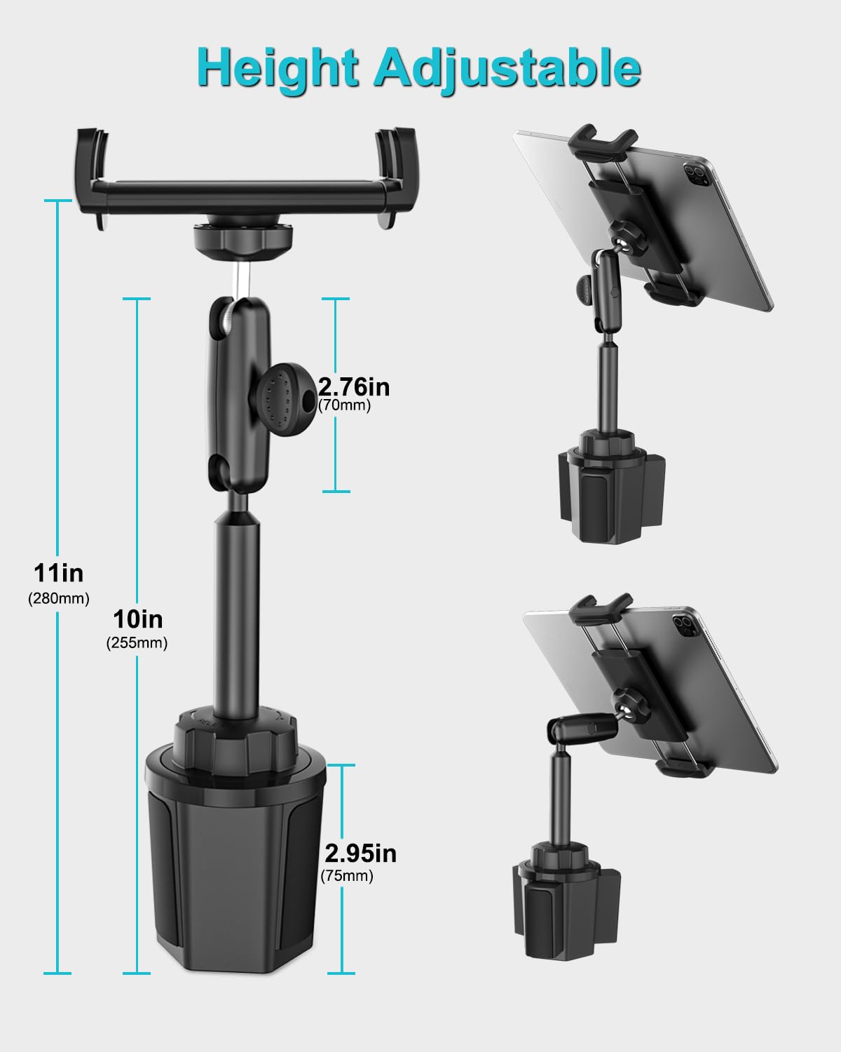 Support Tablette Porte Gobelet Voiture, Support de Tablette Porte-Gobelet d'un Camion avec Bras Métallique Réglable pour iPad 10.9, iPad Pro 13 11 Air Mini, Galaxy Tab, iPhone, 4~13" Tablettes