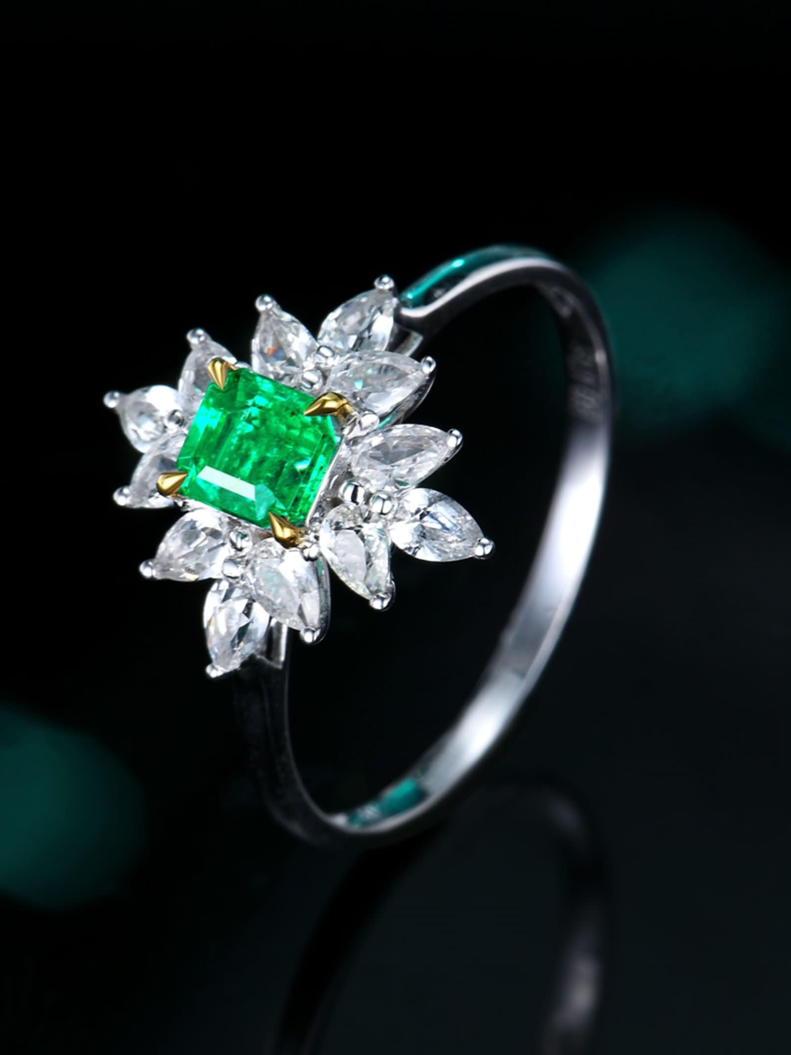 Damskie pierścionki z białego złota 9K / 14K / 18K, kwiat i kwadrat ze szmaragdem 0,47ct i diamentem, pierścionek zaręczynowy damski zielony srebrny