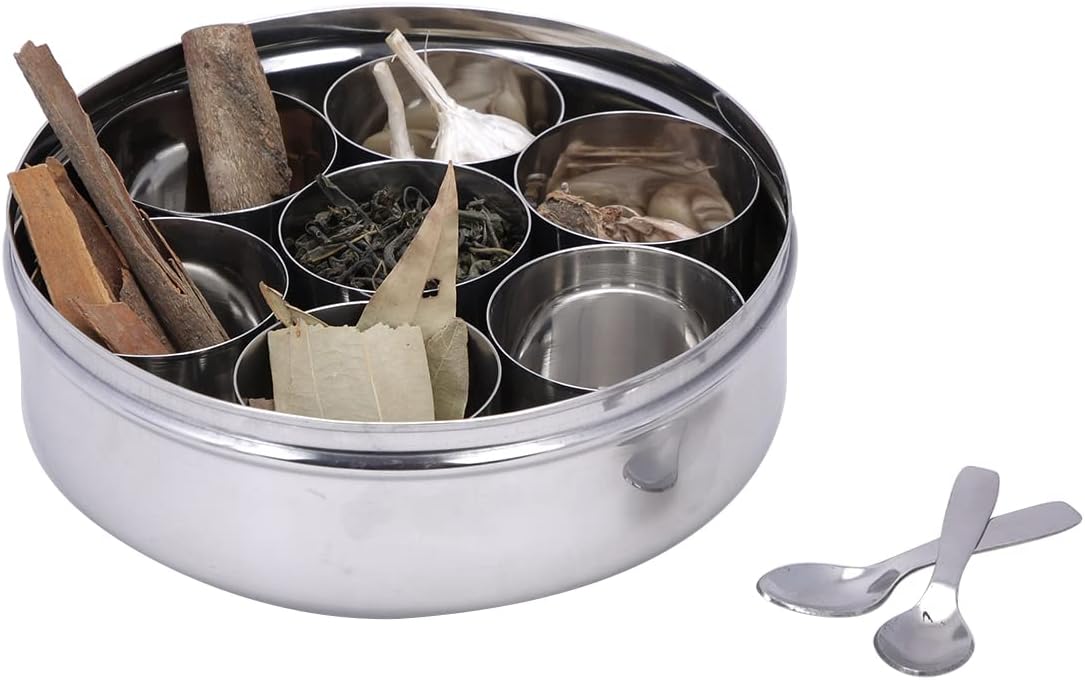SPRINGWAY - Brand of HappinessÂ | Masala Dabba Stainless Steel, See Through Lid with 7 Containers, and Small Spoon (Medium)