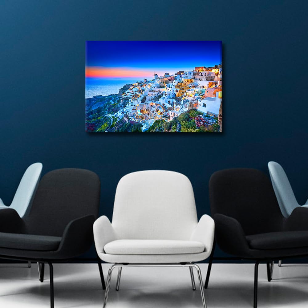 TISHIRON Europe Greece Wall Decor Santorini Island Skyline Canvas Wall Art Sunset Seaside Modern Artwork for Office Picture Print on Canvas Wall Decorations Framed Ready to Hang for Bedroom 24x16in - Image 2