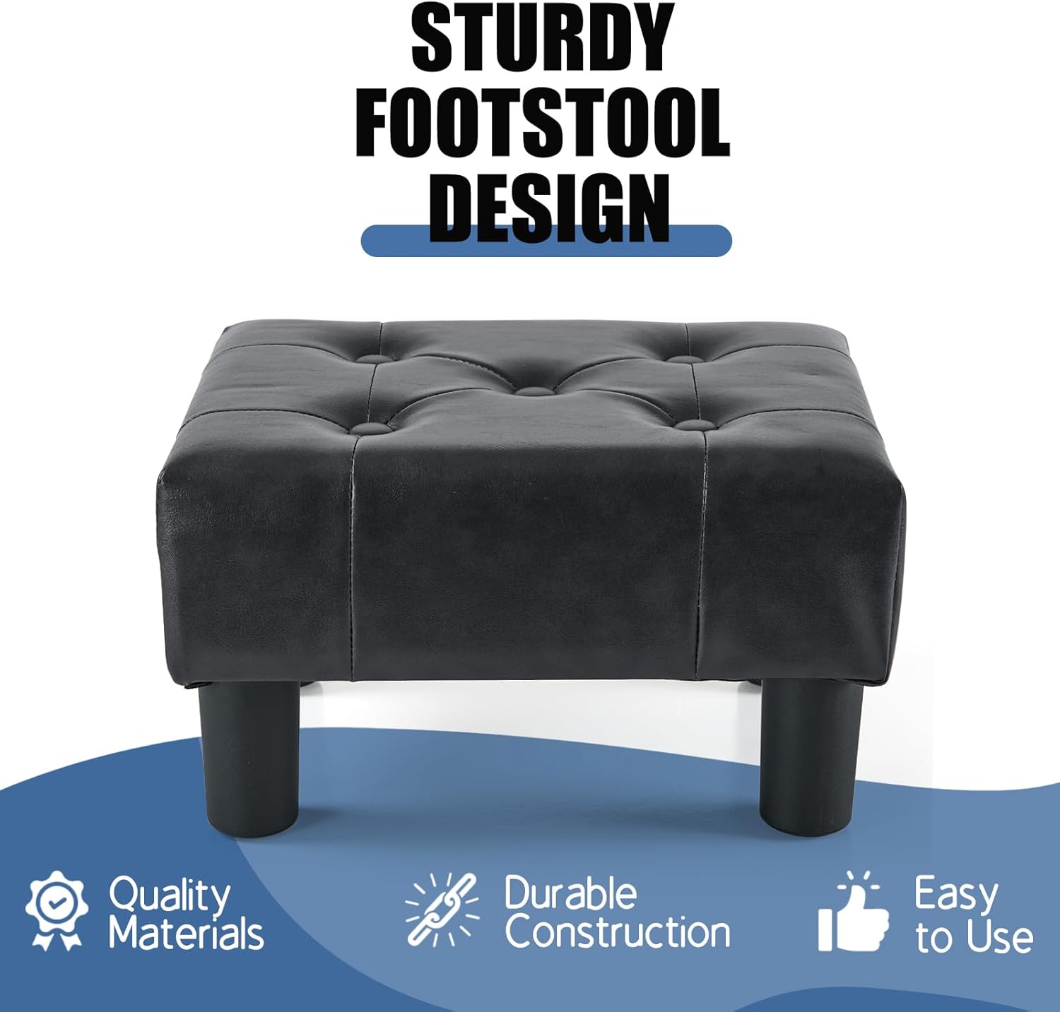 BRIAN & DANY Small Foot Stool, Leather Foot Stools with Legs, Stable Small Footstool for Living Room, Black