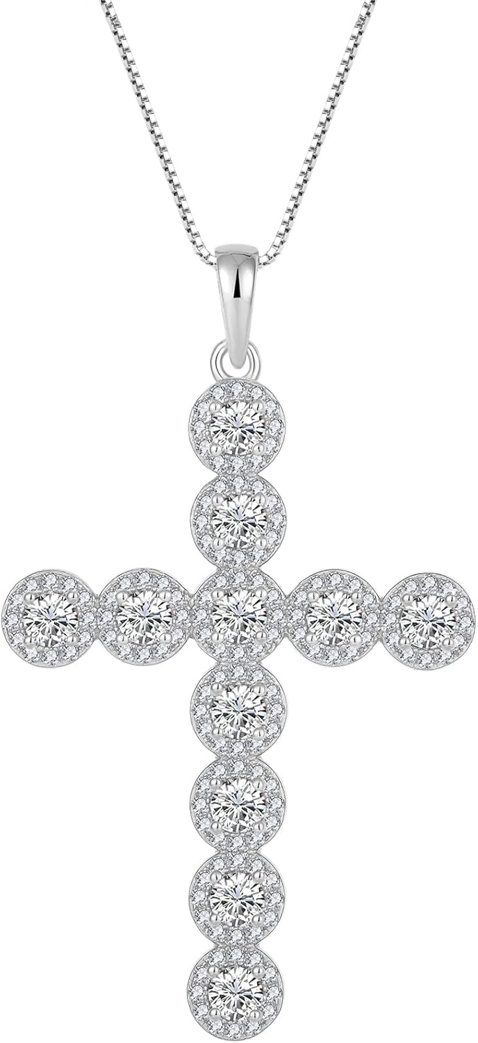 YIFSIY 925 Sterling Silver Cross Pendant Necklaces Round cut Gemstone Birthstone Necklace Religious Jewelry for Women & Men