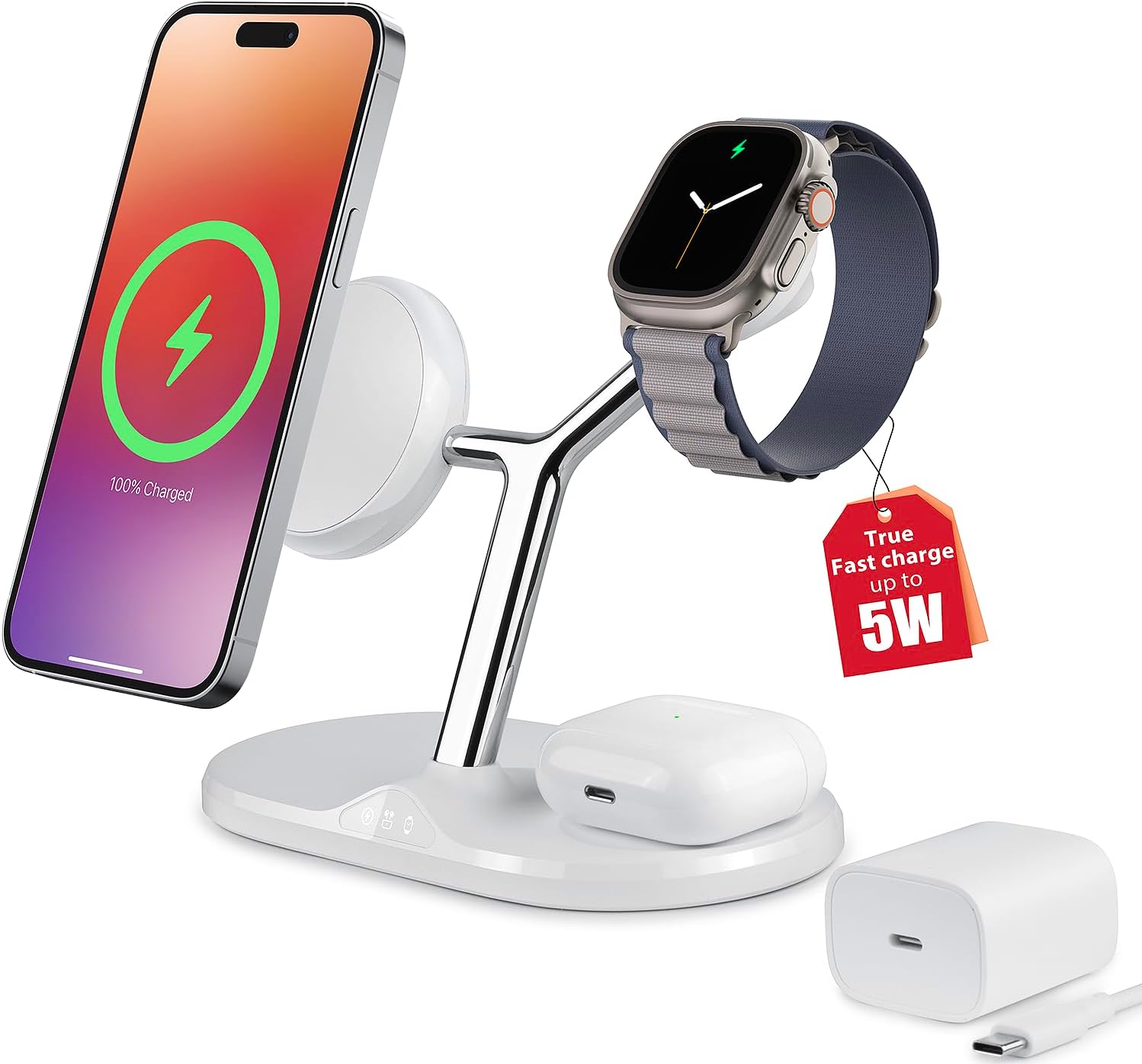 3-in-1 Wireless Charging Station for Apple Devices - Fast Charging Station for iPhone and Watch with MagSafe, Stable Charger Stand for iPhone 12-15 & iPhone 16 & iWatch & AirPods