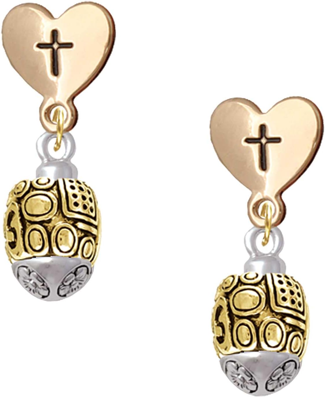 Delight Jewelry Plated Fancy Geometric Pattern Spinner Plated Cross in Heart Post Dangle Earrings