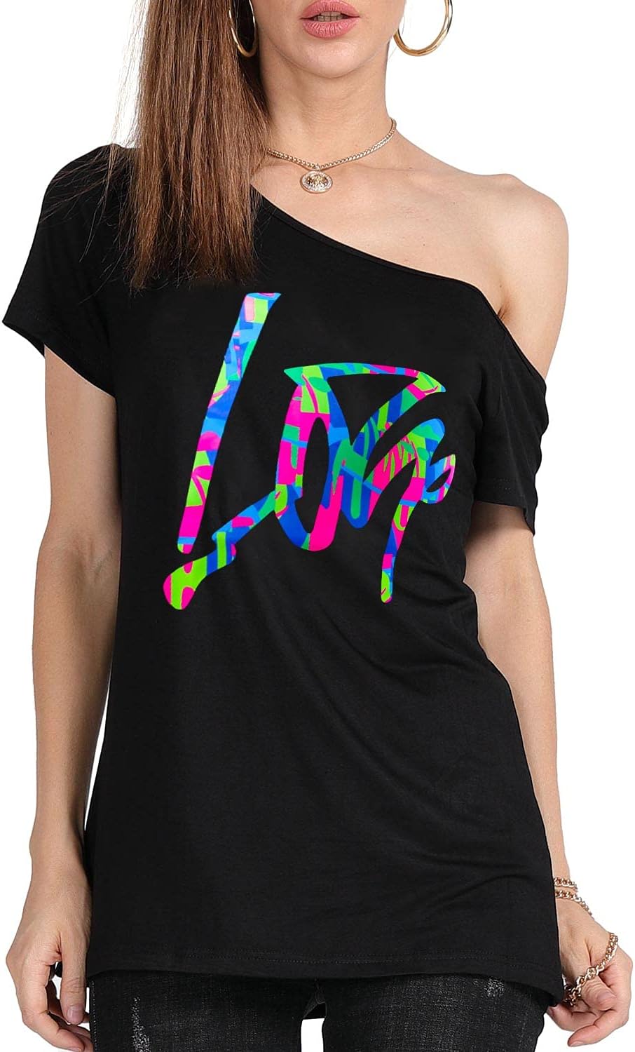 MAGICMK Women’s Short Lips Print Causal Off The Shoulder Plus Size T-Shirt Tops - Image 2