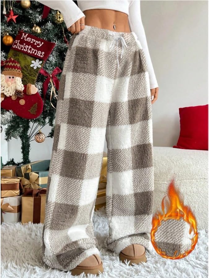 Womens Plush Pajama Pants Plaid Pj Bottoms Winter Warm Fuzzy Fleece Lounge Pants - Image 2