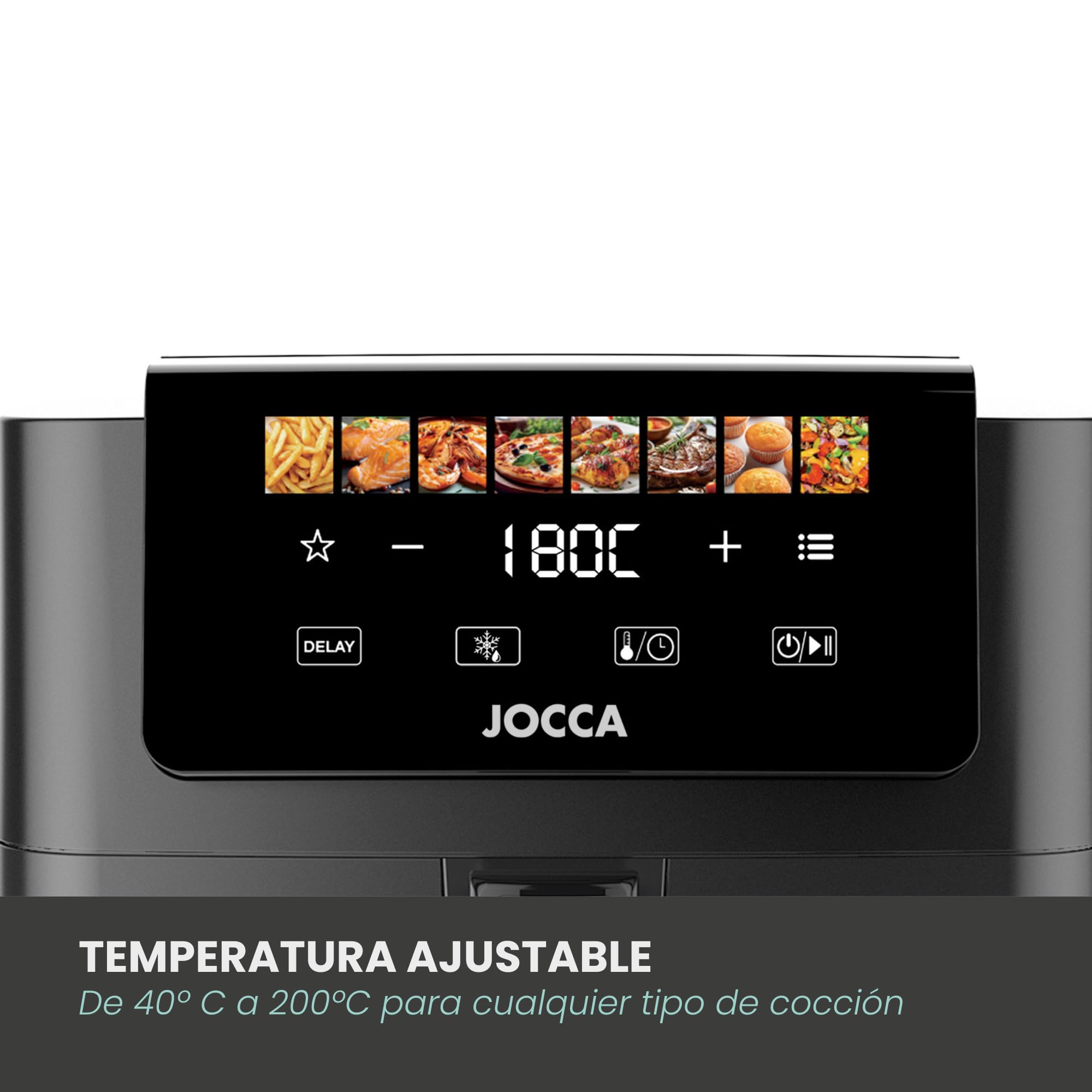 JOCCA - Freidora de Aire 6.5L 1700W con Pantalla Táctil, 8 Programas, Control de Temperatura 40-200°C, Air Fryer sin Aceite, Cavidad Metálica, Mango Desmontable, Negro