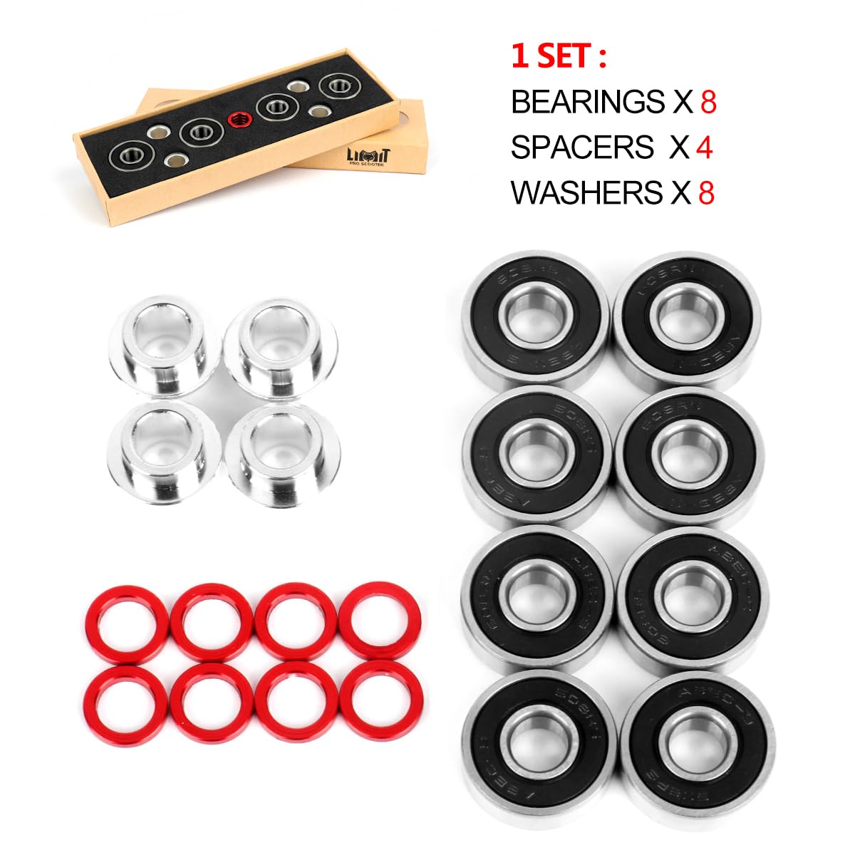 Limit LMT608RS ABEC 9 Ensemble de roulements de précision compatibles avec la plupart des roues pour trottinettes et skateboards
