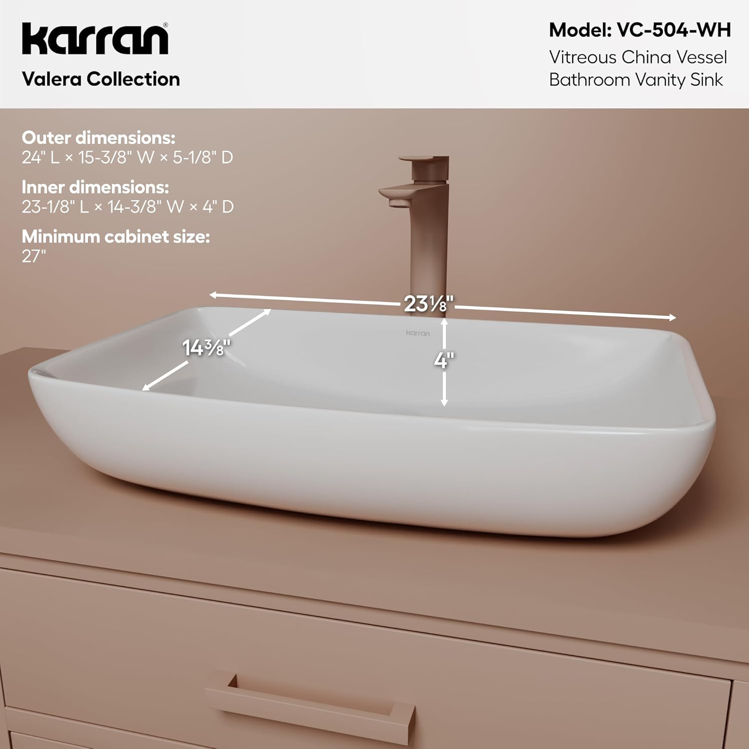 Karran Valera 24" Rectangular Vessel Bathroom Sink – Large White Above Counter Vitreous China Ceramic Vanity Basin, Modern Trough Style Sink VC-504-WH